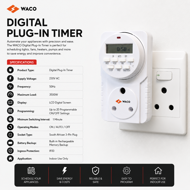 WACO 24 HOUR DIGITAL PLUG IN TIMER SWITCH Product specification graphic showing a WACO digital plug-in timer connected to a South African wall socket, with specifications including 230V AC, 3500W maximum load, LCD display, up to 20 programmable ON/OFF schedules, 1-minute switching interval, battery backup, and indoor use.