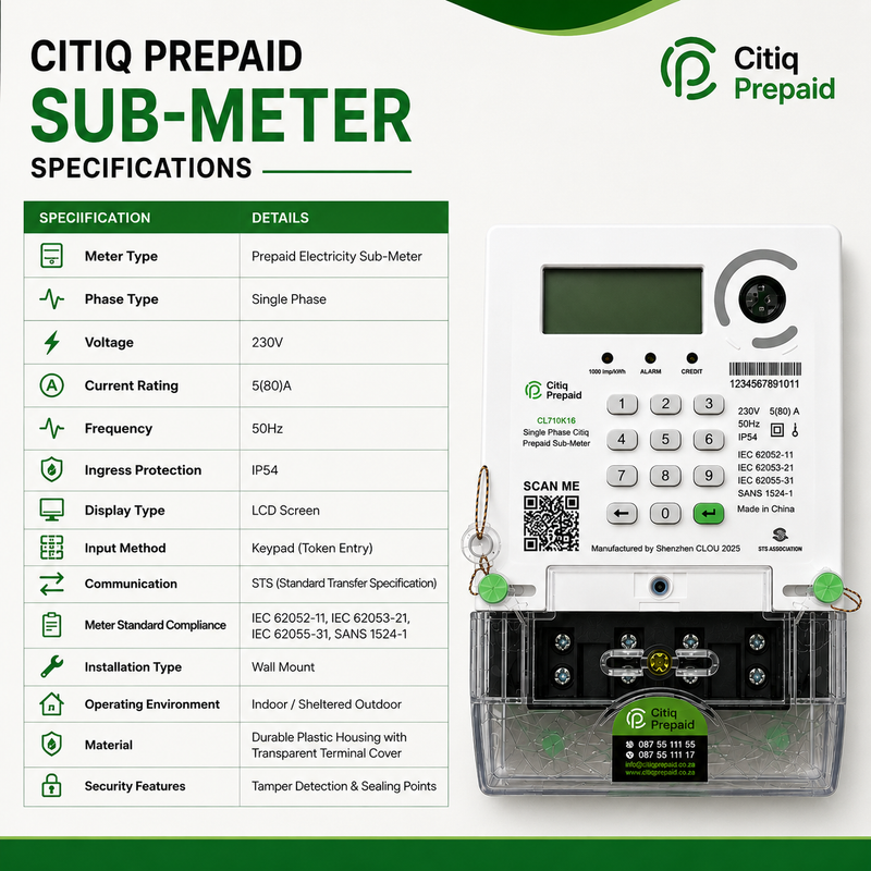 CITIQ PREPAID SUB-METER CL710K16 SPECIFICATIONS IMAGE