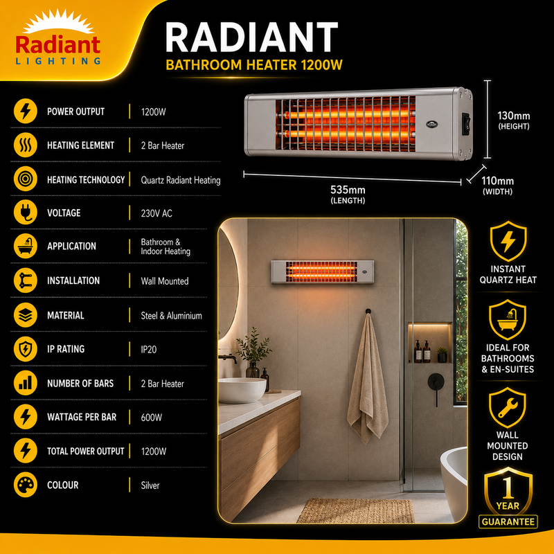 Radiant bathroom heater with specifications and features displayed on a black background
