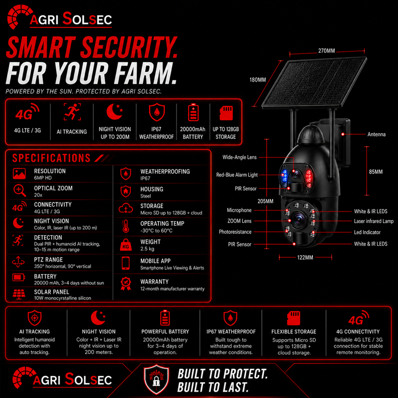 AGRI SOLSEC smart security camera for farms with specifications and features on a black background
