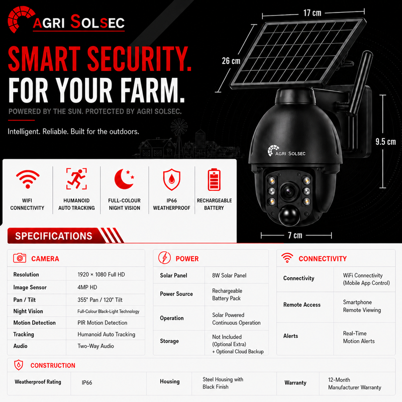 Agri Solsec smart security camera for farms with specifications and features.