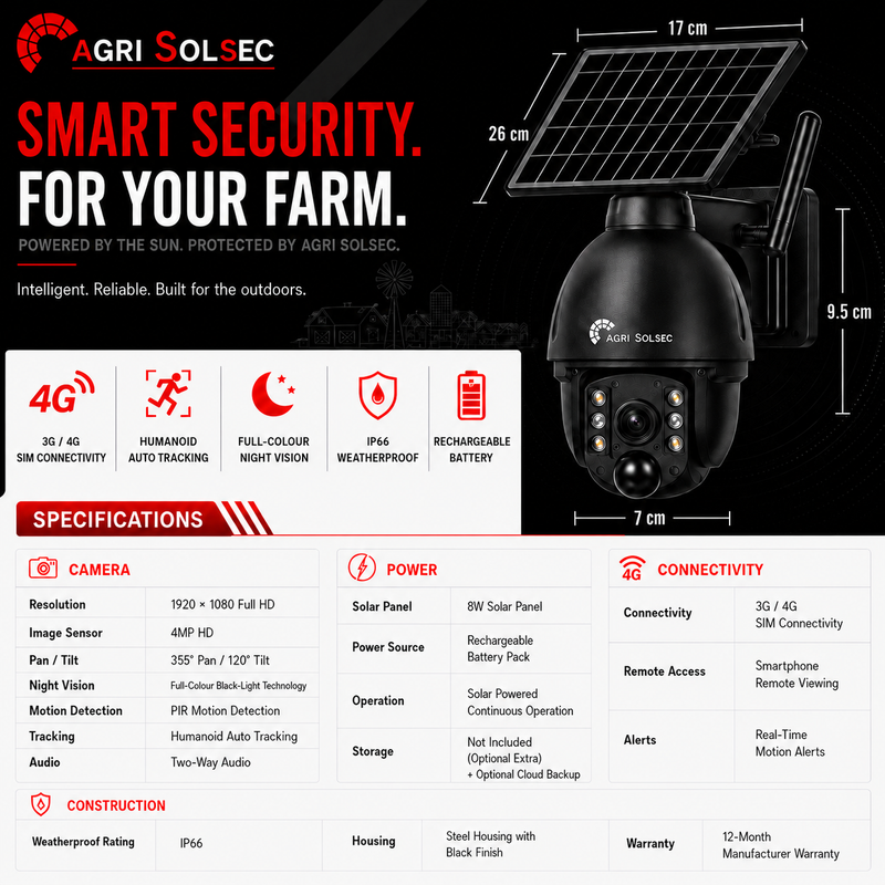 Agri Solsec smart security camera for farms with features and specifications listed.