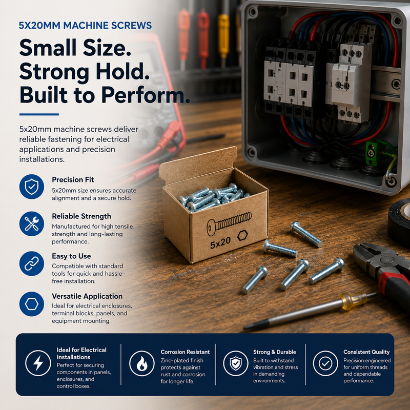 5x20mm machine screws with packaging and tools on a wooden surface, highlighting features and benefits.