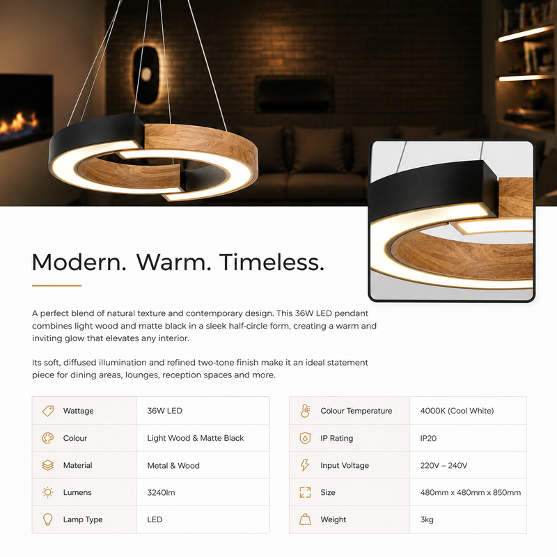 Modern pendant light with wooden and black design in a living room setting.