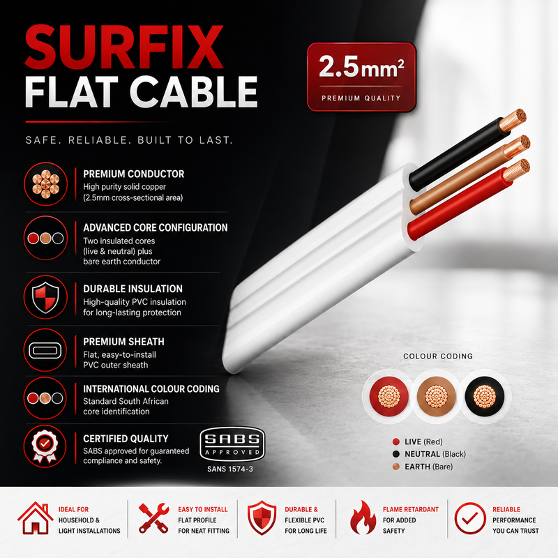 Surfix flat cable with color coding and features on a black background