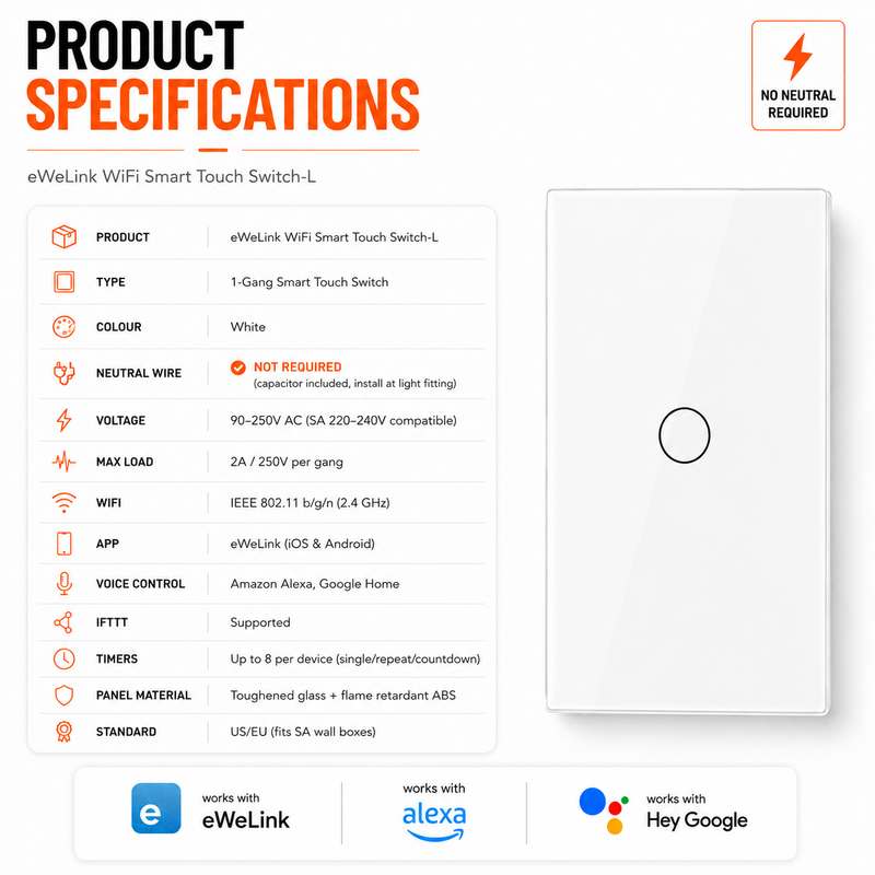 Product specifications sheet for the eWeLink WiFi Smart Touch Switch-L, showing a white touch switch on the right and a list of features and compatibility logos on the left against a white background.