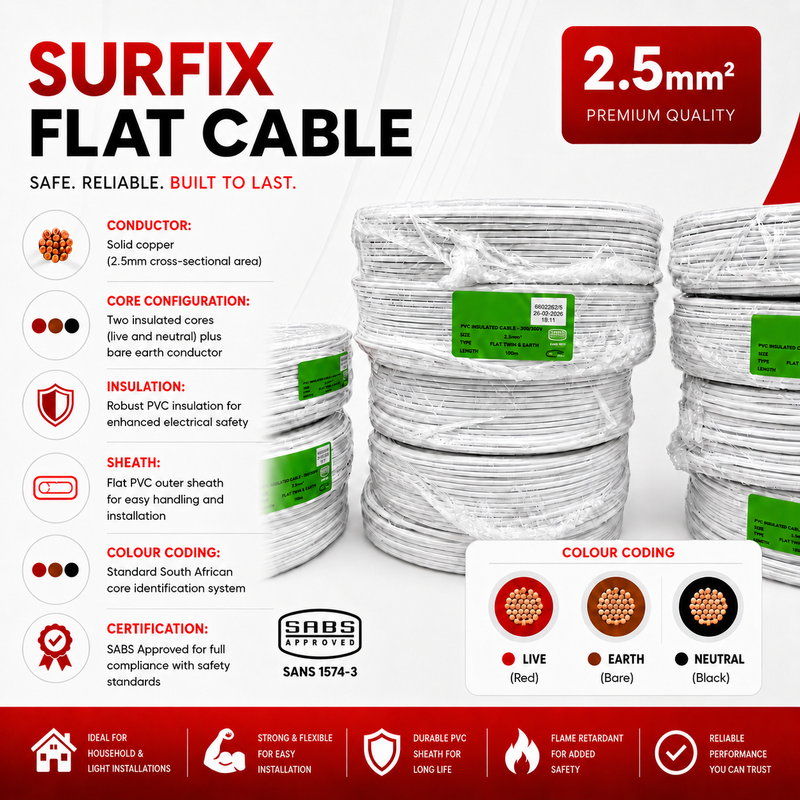 2.5MM FLAT SURFIX TWIN AND EARTH CABLE SABS APPROVED P/M SURFIX 2.5mm² Flat Twin and Earth Cable 100m roll with solid copper conductors, PVC insulation, SABS approval, colour coding for live, earth and neutral, and key electrical specifications.