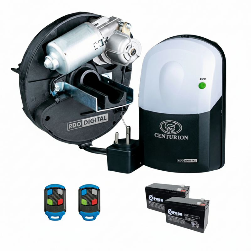 Electric gate opener system with motor, control box, remote controls, and batteries on a white background.