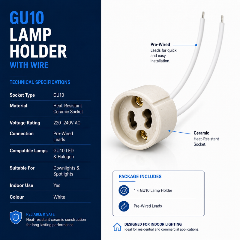 A GU10 lamp holder with pre-wired leads, shown on a white background with a dark blue technical specification panel on the left. The lamp holder has a white ceramic socket and gold-toned metal contacts.