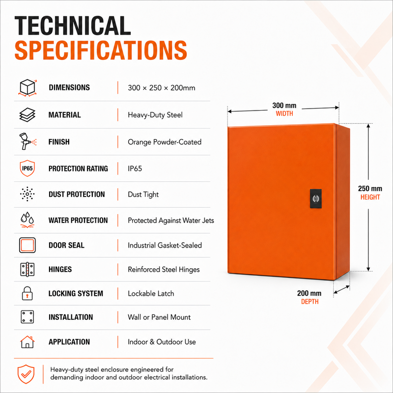 IP65 ORANGE WALL MOUNT ENCLOSURE 300X250X200MM Technical specifications infographic for a 300 × 250 × 200mm heavy-duty orange steel electrical enclosure. The image highlights its IP65-rated, dust-tight, water-resistant construction with a powder-coated finish, reinforced hinges, lockable latch, and wall or panel mounting, alongside a dimensioned product illustration.
