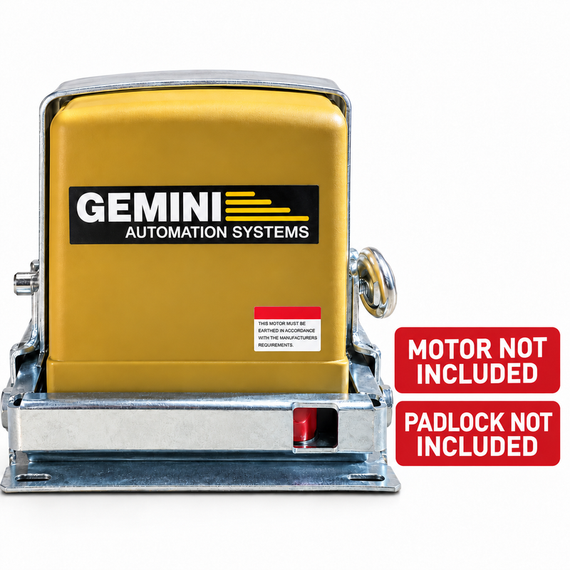GEMINI SLIDING GATE MOTOR ANTI-TAMPER BRACKET Gemini gate motor mounting bracket with a yellow Gemini Automation Systems motor housing fitted inside the galvanised steel frame for demonstration. Includes red warning labels stating “Motor Not Included” and “Padlock Not Included.”
