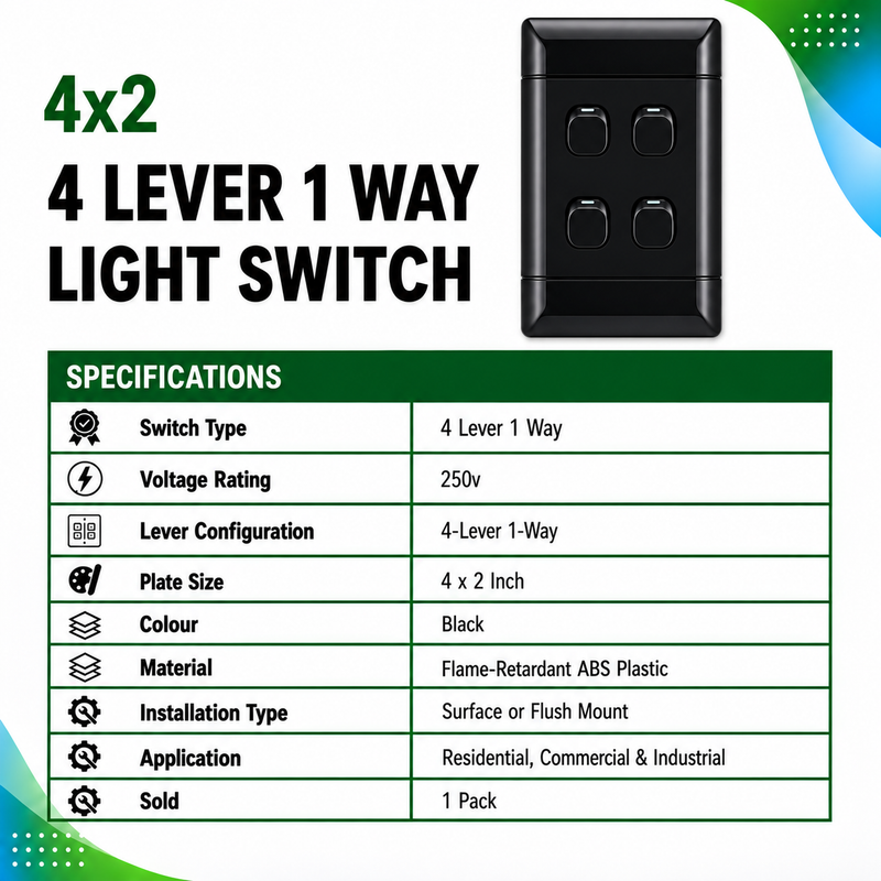 NEU BLACK 4 LEVER 1 WAY LIGHT SWITCH Black 4×2 four 1-way light switch specification sheet showing a 16A current rating, 250V AC voltage rating, four-lever configuration, flame-retardant ABS plastic construction, and surface or flush mounting.
