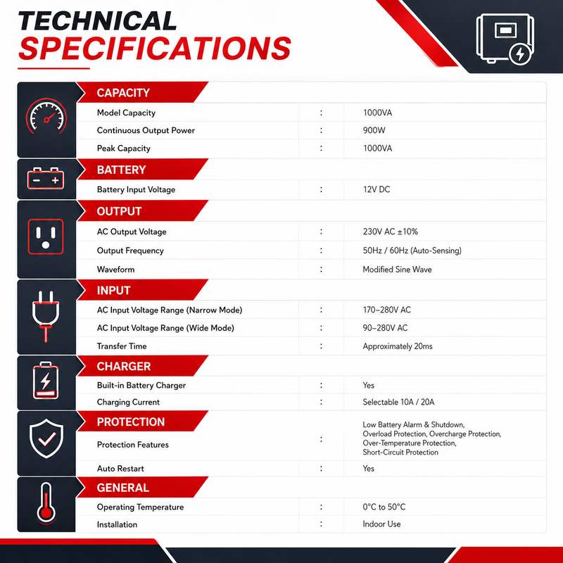 ONESTO 900W 1000VA 12VDC Inverter technical specification sheet detailing capacity, battery requirements, AC input and output ratings, charging capabilities, protection features, and operating specifications.