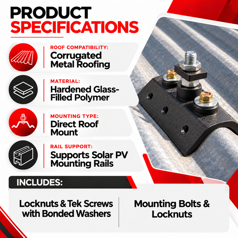SOLAR CORRUGATED ROOF BRACKET E/A Corrugated metal roof solar mounting bracket product specifications showing hardened glass-filled polymer construction, direct roof mounting, solar PV rail support, and included locknuts, Tek screws with bonded washers, mounting bolts and locknuts.
