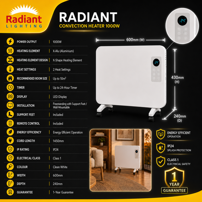 RADIANT 1000W CONVECTION FREESTANDING PANEL HEATER SPECIFICATION SHEET