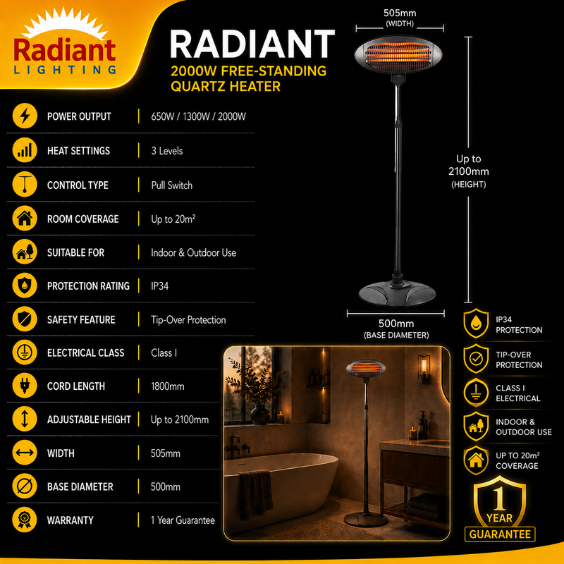 RADIANT 2000W FREE-STANDING QUARTZ HEATER SPECIFICATION SHEET