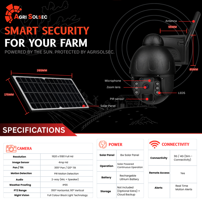 AGRISOLSEC 4G/3G STEEL SOLAR PTZ CAMERA Agri Solsec solar PTZ security camera with 1080p Full HD, 4MP image sensor, 3G/4G SIM connectivity, PIR motion detection, two-way audio, 8W solar panel and IP66 weatherproof protection.