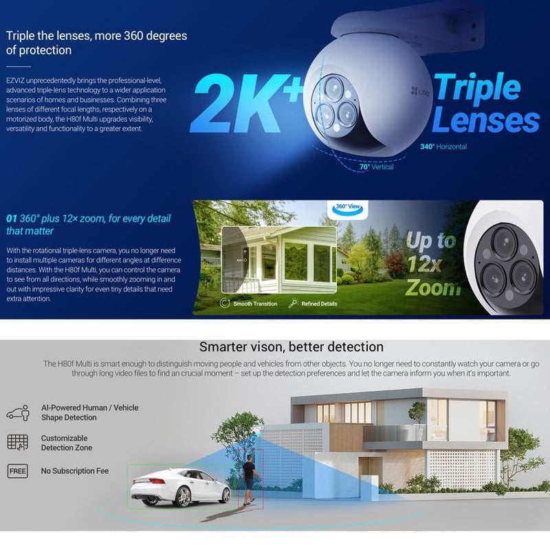 Security camera with 2K+ resolution and triple lenses on a blue background