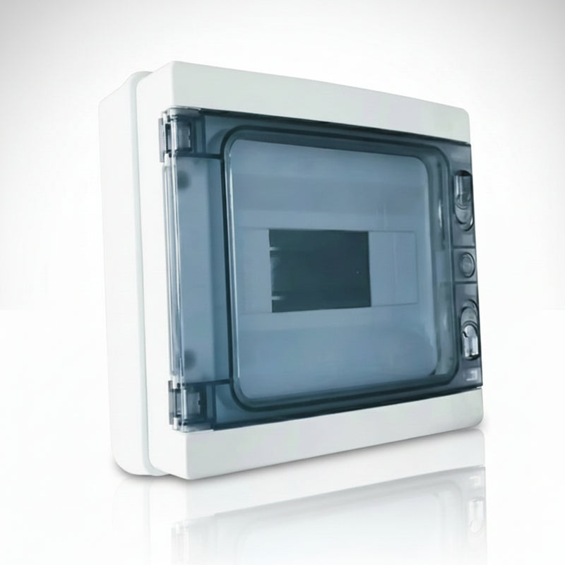 White and transparent plastic enclosure on a gray background