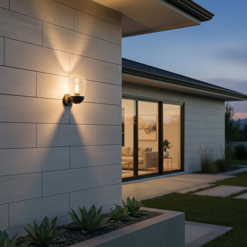 IP44 BLACK WALL LIGHT WITH SPECKLED GLASS
