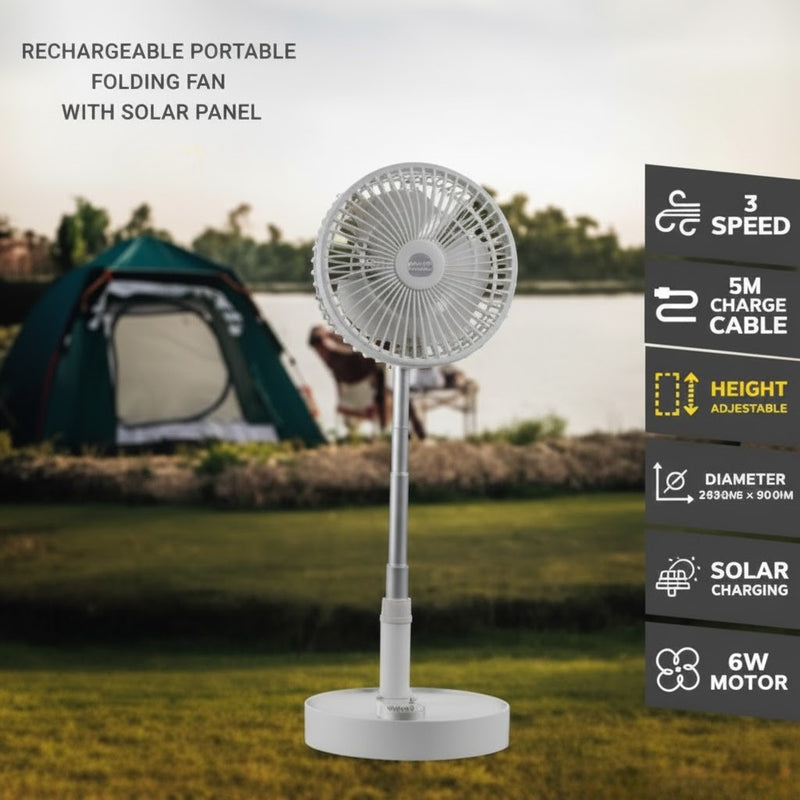 6W PORTABLE 3 SPEED SOLAR RECHARGEABLE FOLDING FAN