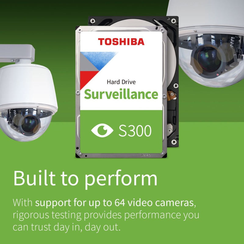 Toshiba hard drive with surveillance cameras on a green background