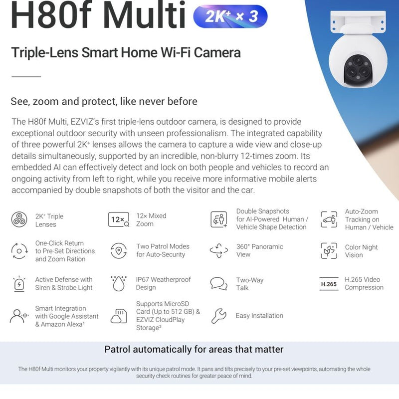 Triple-lens smart home Wi-Fi camera with features and specifications on a white background