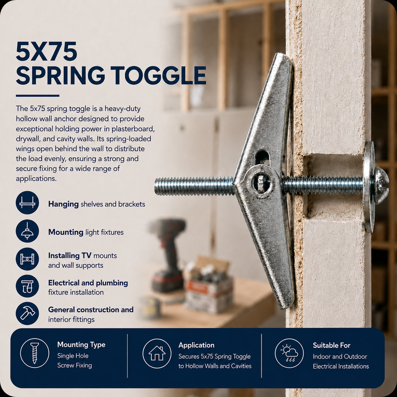 5X75 SPRING TOGGLE Promotional graphic showing a 5 × 75mm spring toggle bolt installed in a hollow wall, with text explaining its features, common applications, mounting type, and suitability for indoor and outdoor electrical installations.