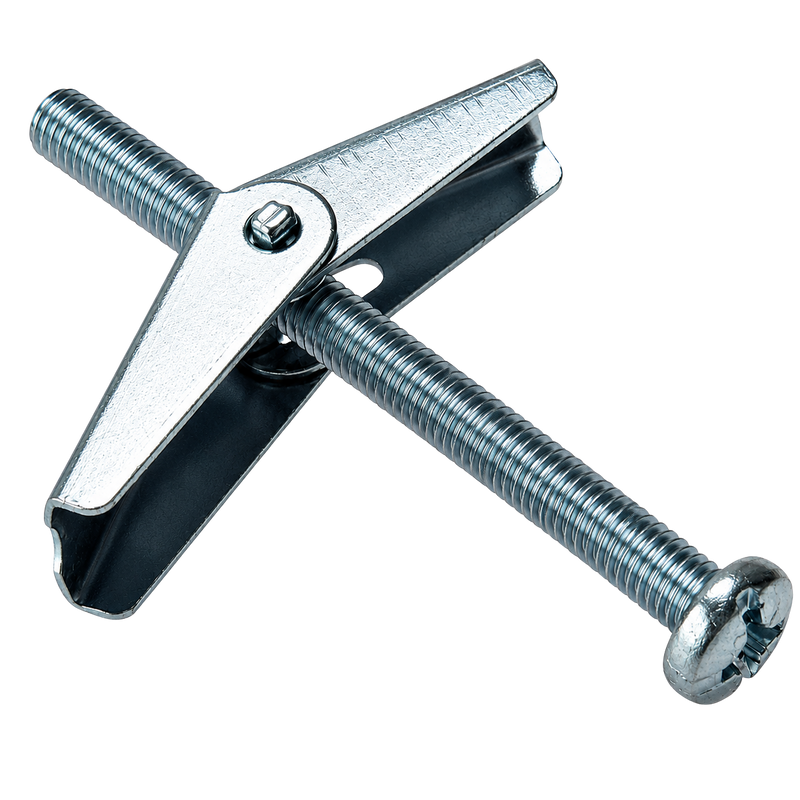 5X75 SPRING TOGGLE Close-up of a 5 × 75mm steel spring toggle bolt with spring-loaded folding wings and a machine screw, shown on a white background.