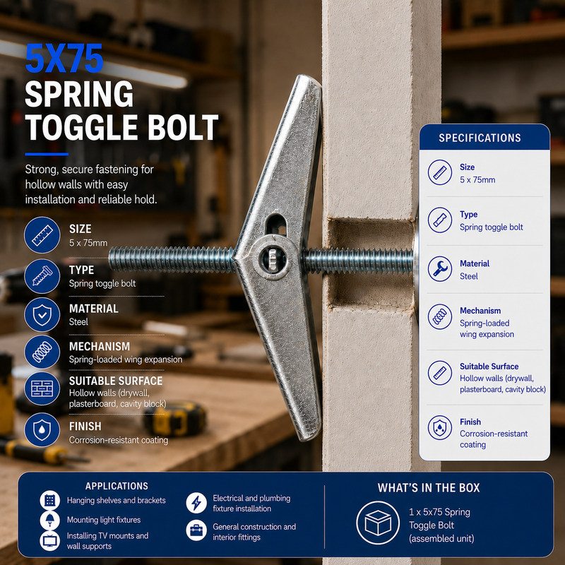 5X75 SPRING TOGGLE Product information graphic showing a 5 × 75mm spring toggle bolt installed in a hollow wall, with specifications, applications, material, finish, mounting mechanism, and box contents displayed around the product.