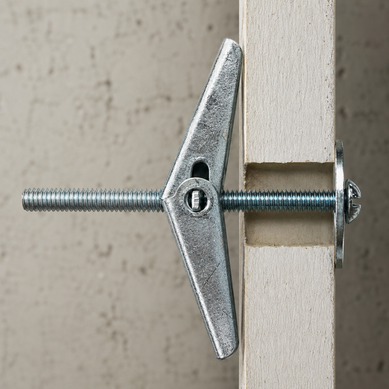 5X75 SPRING TOGGLE Close-up of a 5 × 75mm steel spring toggle bolt installed through a hollow wall panel, showing the expanded spring-loaded wings securing the fixing behind the panel.