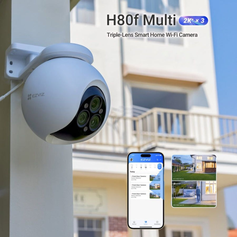 Triple-Lens Smart Home Wi-Fi Camera H80f Multi with smartphone app interface in front of a house.