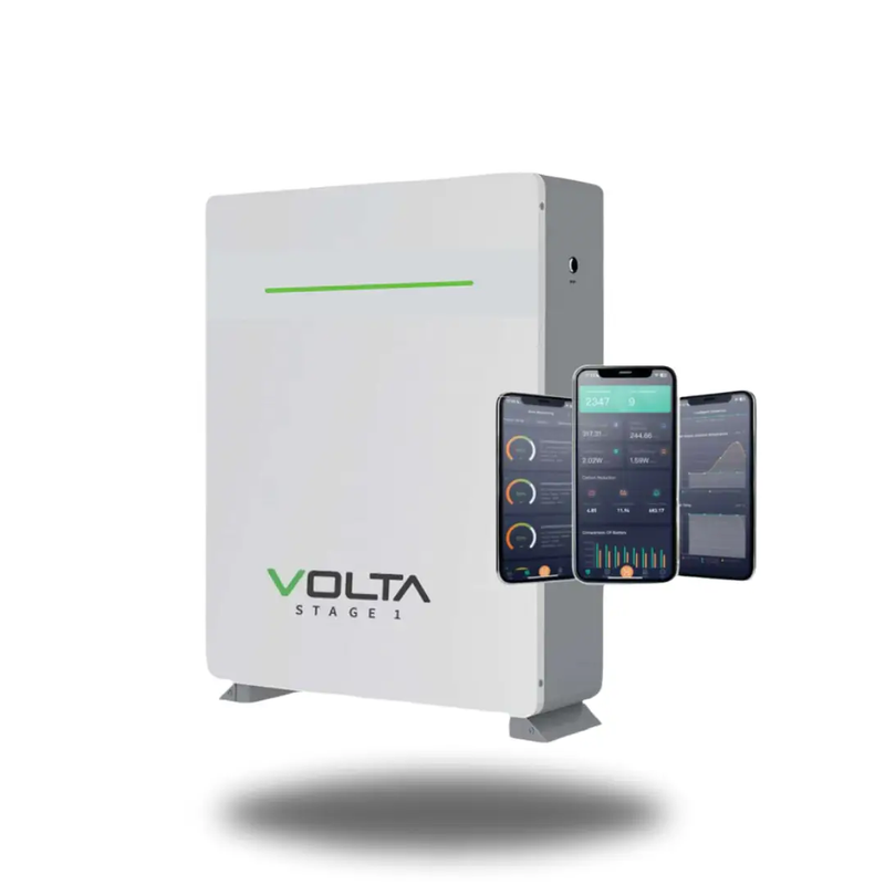 White battery storage system with Volta branding and smartphone app interface on a white background