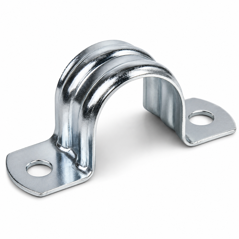 Galvanised metal two-hole conduit saddle clamp for securely mounting electrical conduit or pipe to walls, ceilings, and other surfaces.