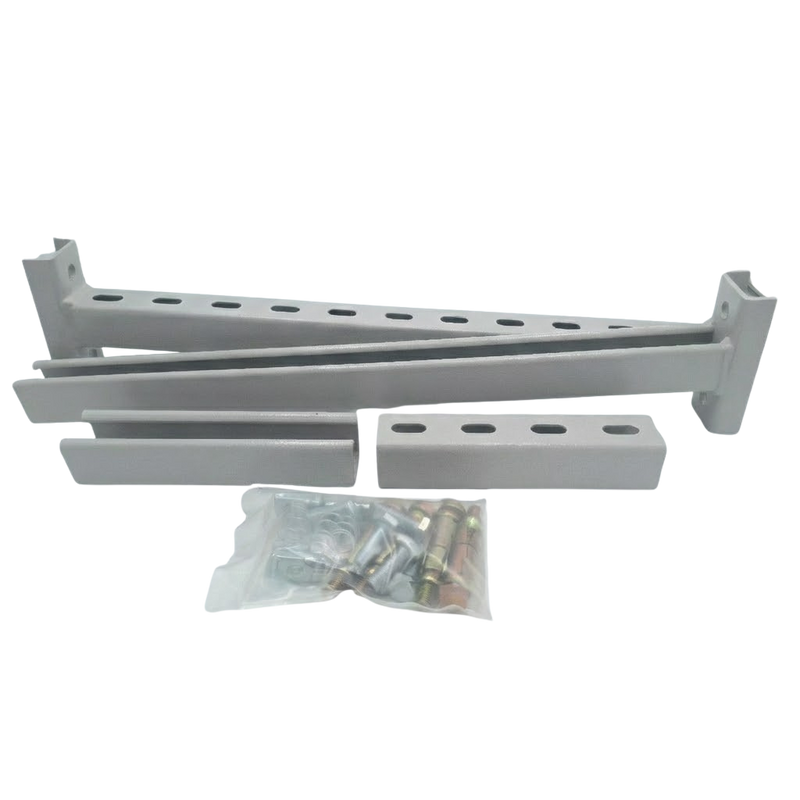 Set of metal brackets and screws on a white background
