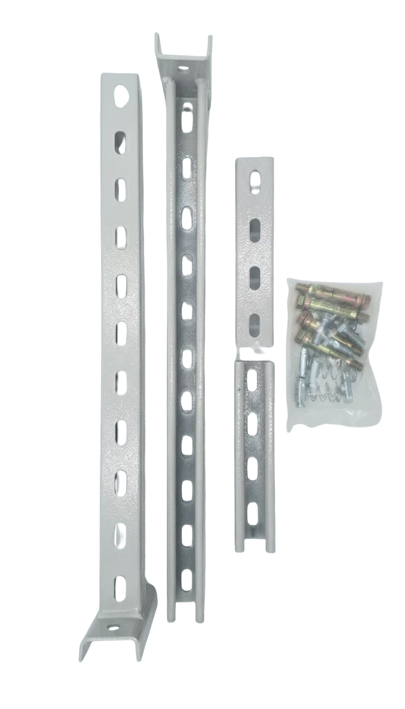 Metal wall mount brackets with screws on a white background for an aircon