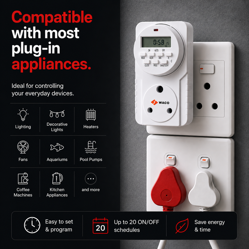 WACO 24 HOUR DIGITAL PLUG IN TIMER SWITCH Promotional graphic showing a WACO digital plug-in timer connected to a South African wall socket, with text highlighting compatibility with lighting, heaters, fans, aquariums, pool pumps, coffee machines, kitchen appliances, and other plug-in devices, plus features including up to 20 programmable ON/OFF schedules and energy saving.