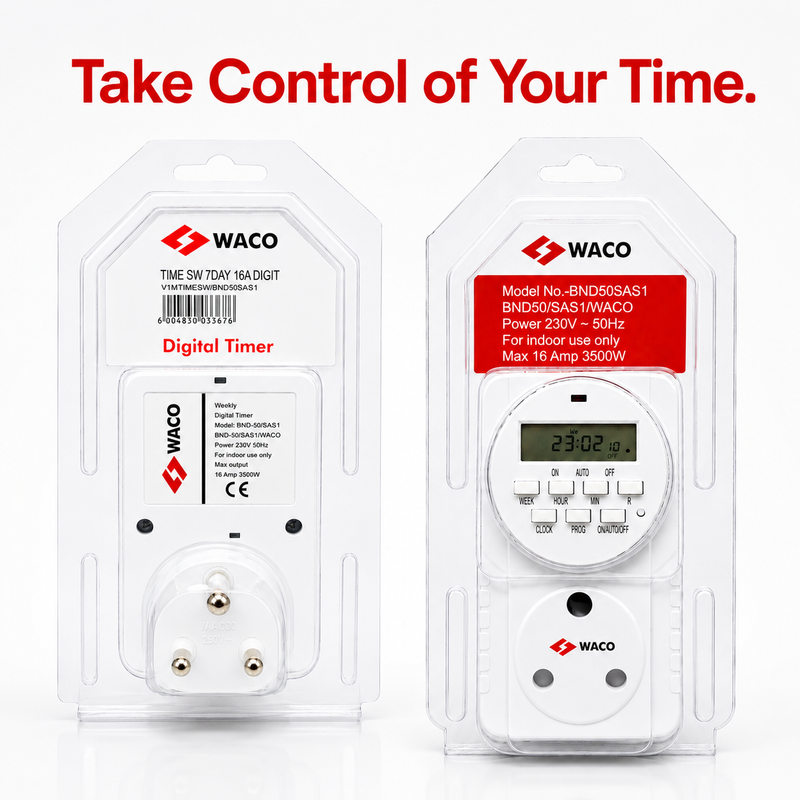 WACO 24 HOUR DIGITAL PLUG IN TIMER SWITCH Front and back views of the WACO digital plug-in timer in its retail packaging, showing the LCD display, programmable controls, South African 3-pin plug, and product specifications.