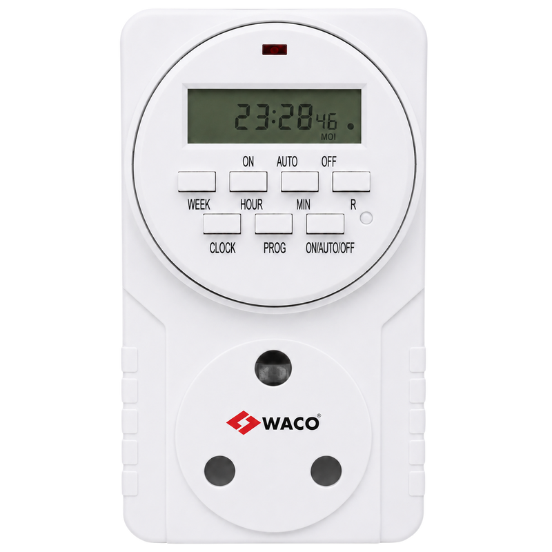 WACO 24 HOUR DIGITAL PLUG IN TIMER SWITCH Front view of a WACO digital plug-in timer with an LCD display, programmable control buttons, and a South African 3-pin socket, shown on a black background