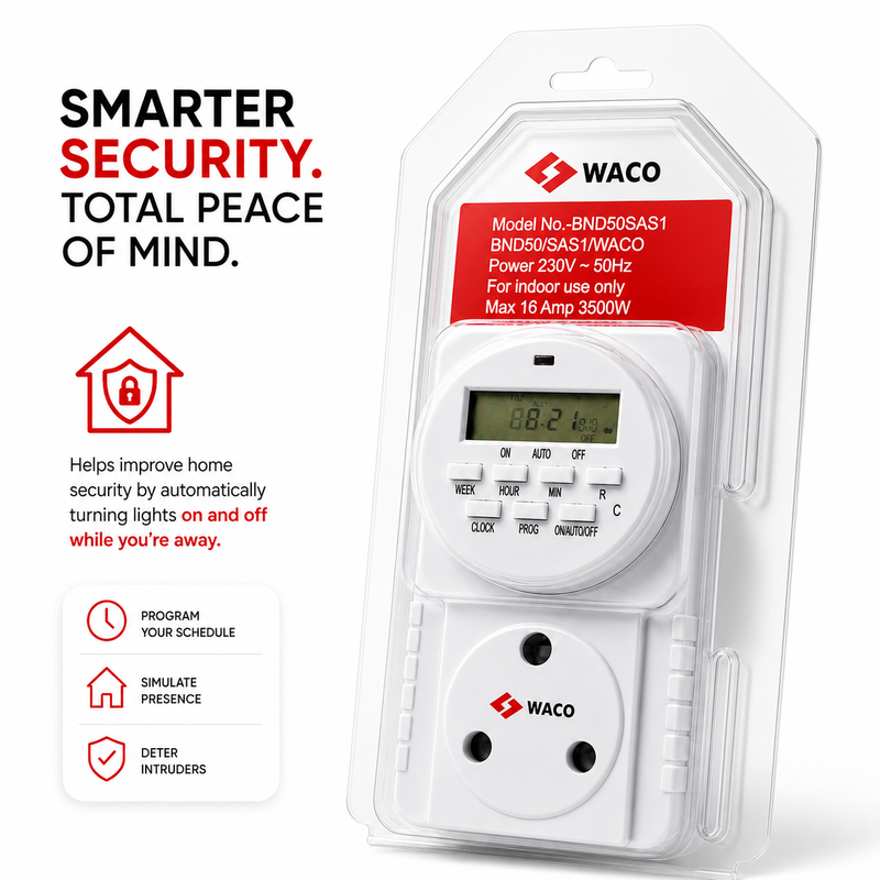 WACO 24 HOUR DIGITAL PLUG IN TIMER SWITCH Promotional graphic showing the WACO digital plug-in timer in retail packaging with text explaining how it improves home security by automatically turning lights on and off on a programmable schedule to simulate occupancy while you're away.