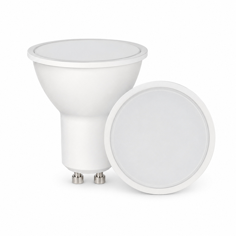 A white GU10 LED spotlight bulb with a circular lens cover, shown next to its matching circular shade or cover on a clean white background.