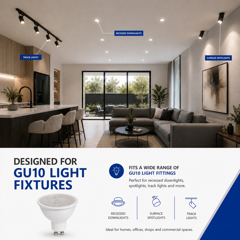 Promotional graphic for GU10 light fixtures showing a modern open-plan living space with installed track, recessed, and surface lights, plus text callouts and a bulb product photo on a white lower section.