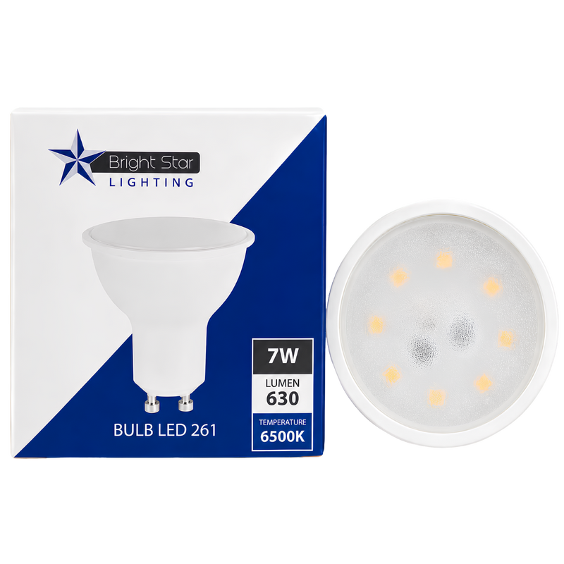 Bright Star Lighting 7W LED MR16 bulb package shown next to the circular LED bulb with visible internal yellow LED chips, on a white background.