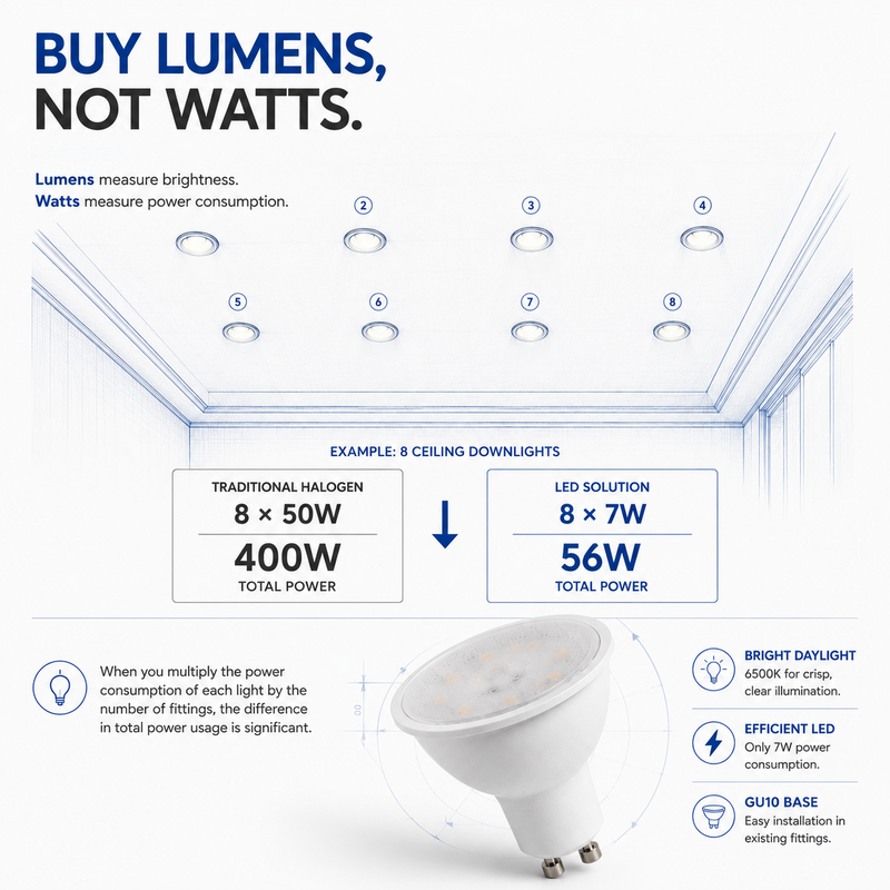 An informational infographic comparing traditional halogen and LED ceiling downlight solutions. The top text reads 'BUY LUMENS, NOT WATTS.