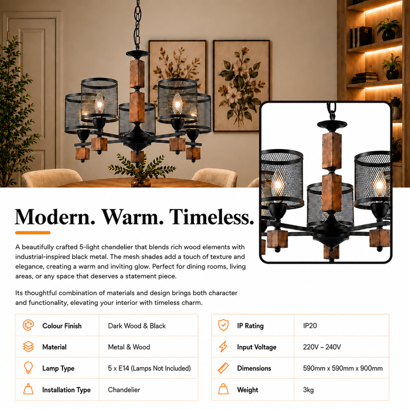 ELOR 5 LIGHT MODERN RETRO CHANDELIER A 5-light industrial-style chandelier with dark wood and black metal mesh shades, shown hanging in a warm living room setting alongside a product detail inset and feature text.