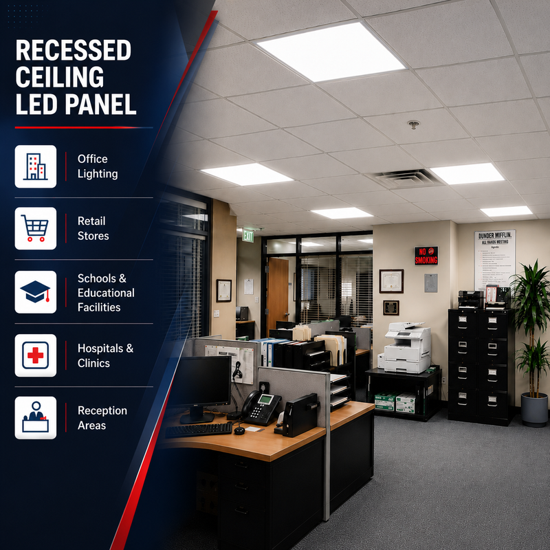 Office interior with recessed ceiling LED panels, featuring office lighting, retail stores, schools, hospitals, and reception areas.