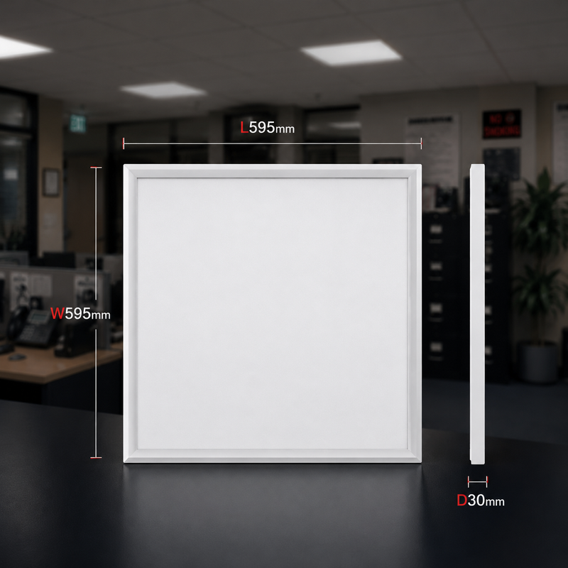 White square panel with dimensions labeled in an office setting
