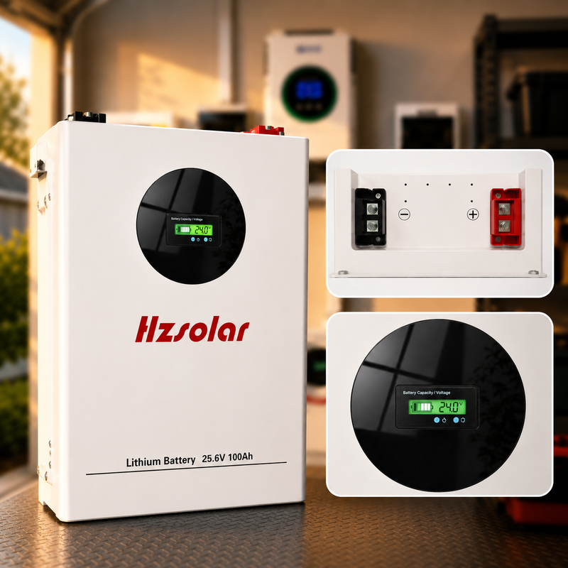 Hzsolar lithium battery with digital display on a blurred background