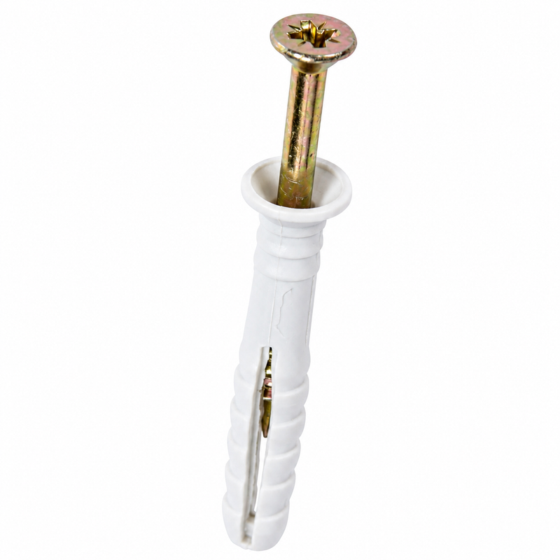 White plastic screwdriver handle with a gold-colored screw on a white background