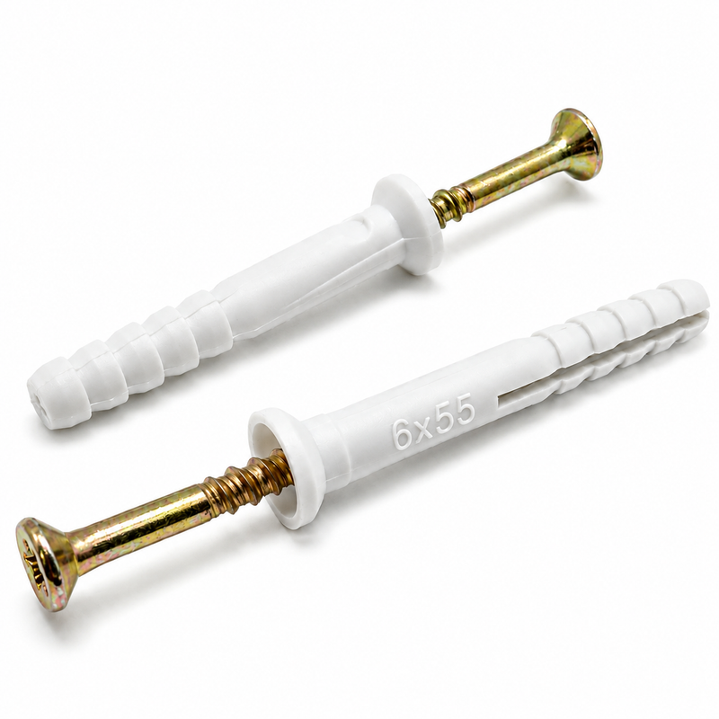 Two screws with white shanks and brass heads on a white background